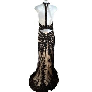 Tiffany Designs Black Lace Nude Lined Formal Low Back Halter Dress Beaded sz 6